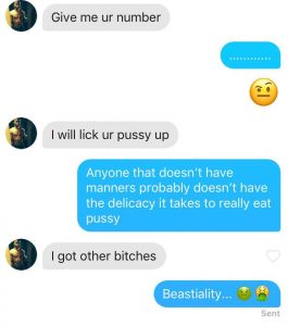 A picture of a real example of a messenger chat on Tinder. Where a dude is being invasive, trash and ridiculous, towards a disabled Black femme, and is met with witty disdain.