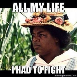 Picture of the character Harpo, from the colour purple, played by Oprah WInfrey; a fat dark-skinned, Black woman. with the caption "All my life, I had to fight".